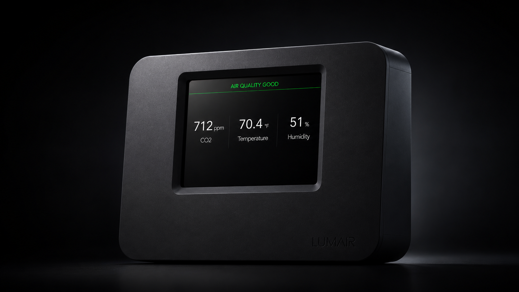 Lumair device front view showing the home screen with current air-quality readings