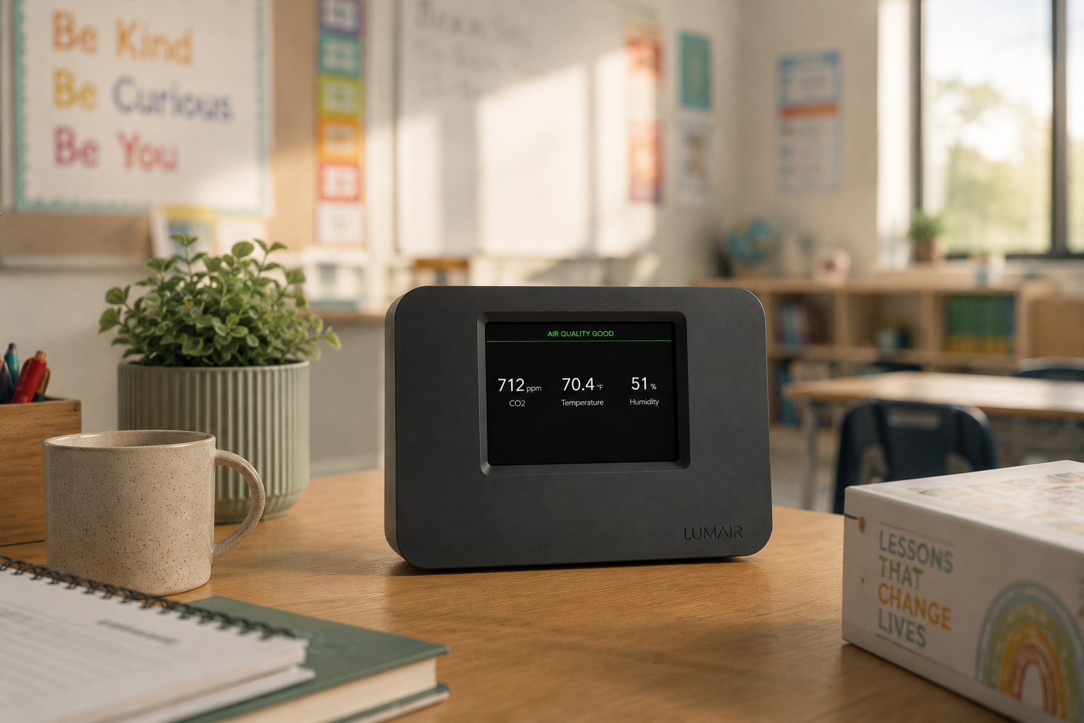 Lumair monitor on a teacher's desk in a bright classroom