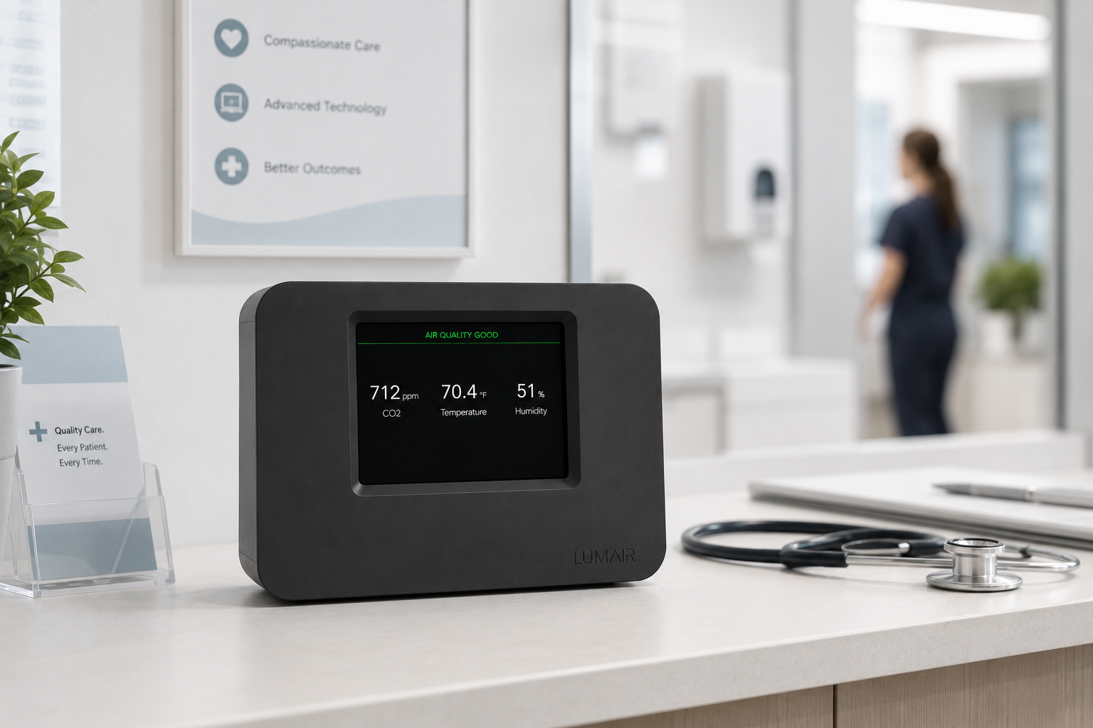 Lumair monitor at a medical clinic reception desk with a stethoscope nearby