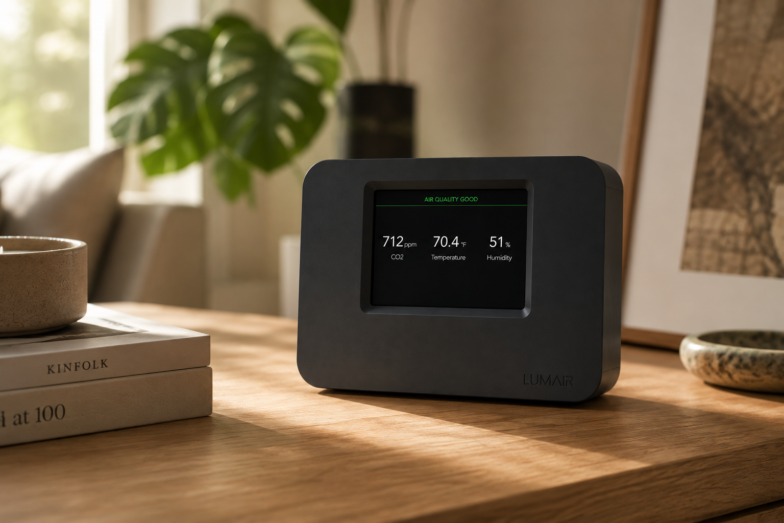 Lumair monitor on a wood console in a sunlit living room