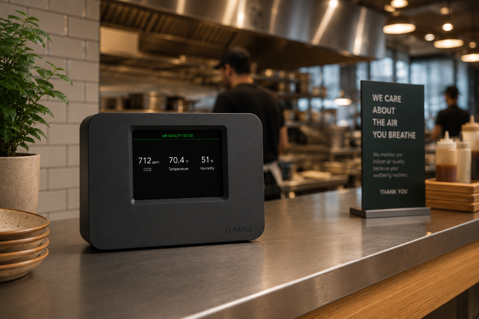 Lumair monitor on a stainless steel counter in a commercial restaurant kitchen