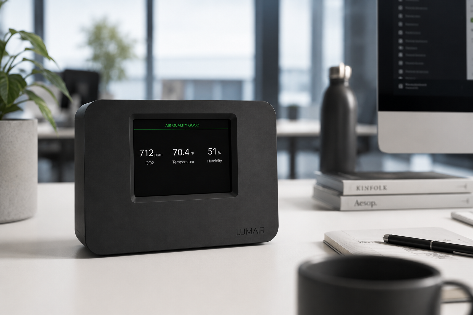 Lumair monitor on a desk in a modern office with floor-to-ceiling windows